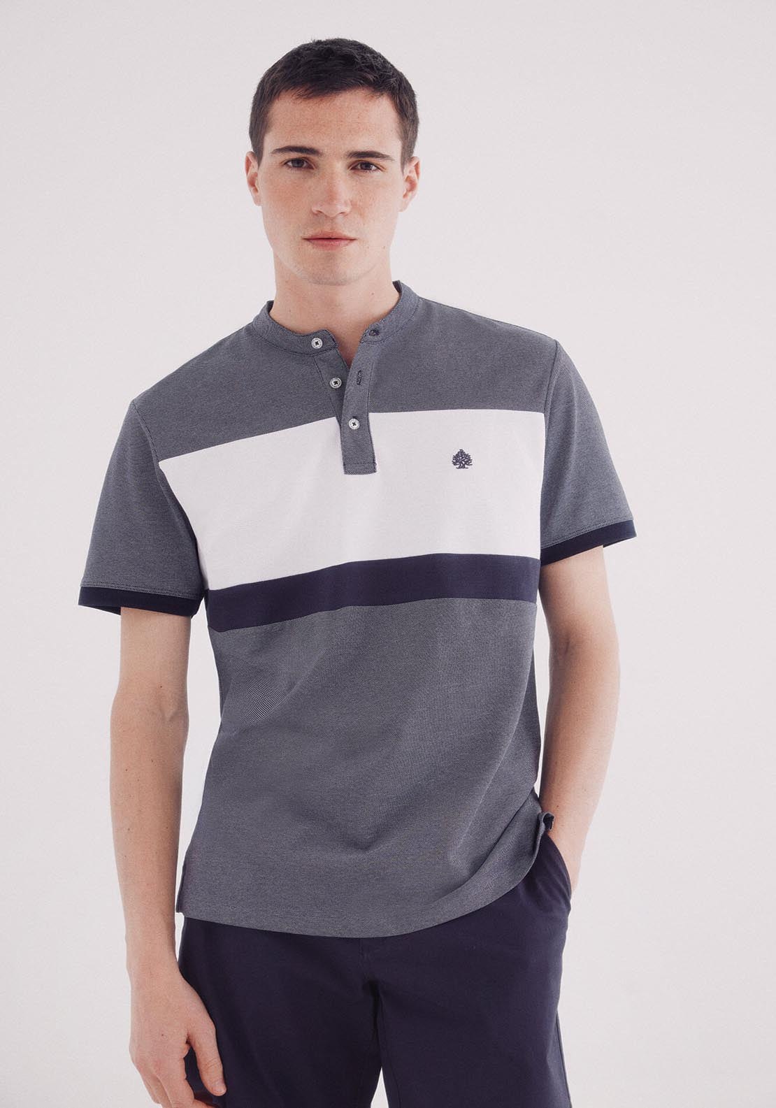 Springfield Slim Fit Mao Oxford Block Piqué Polo - Blue 1 Shaws Department Stores