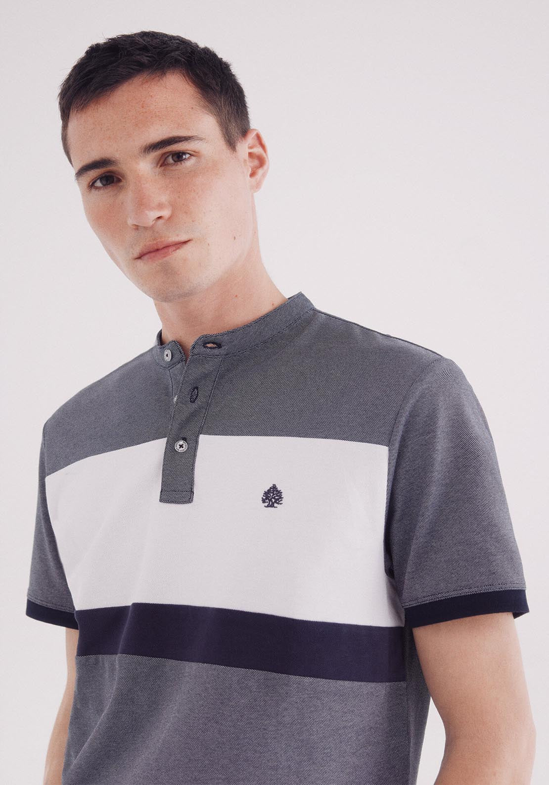 Springfield Slim Fit Mao Oxford Block Piqué Polo - Blue 3 Shaws Department Stores