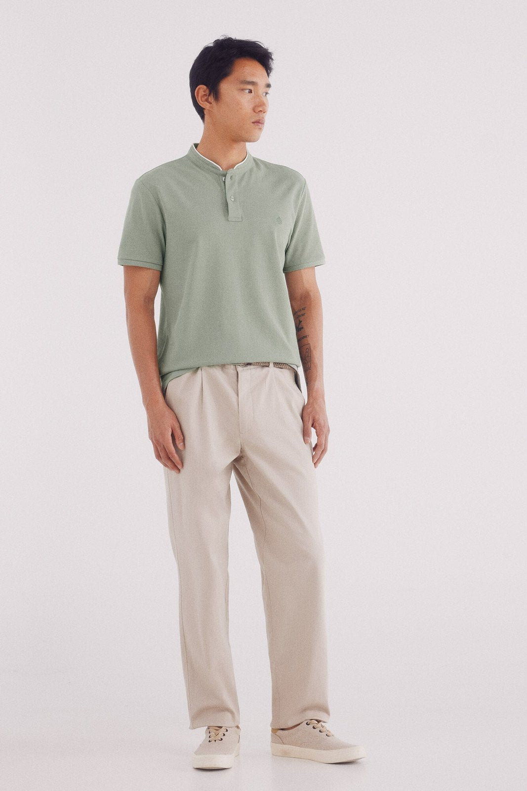 Springfield Slim Fit Mao Oxford Piqué Polo Shirt - Green 4 Shaws Department Stores