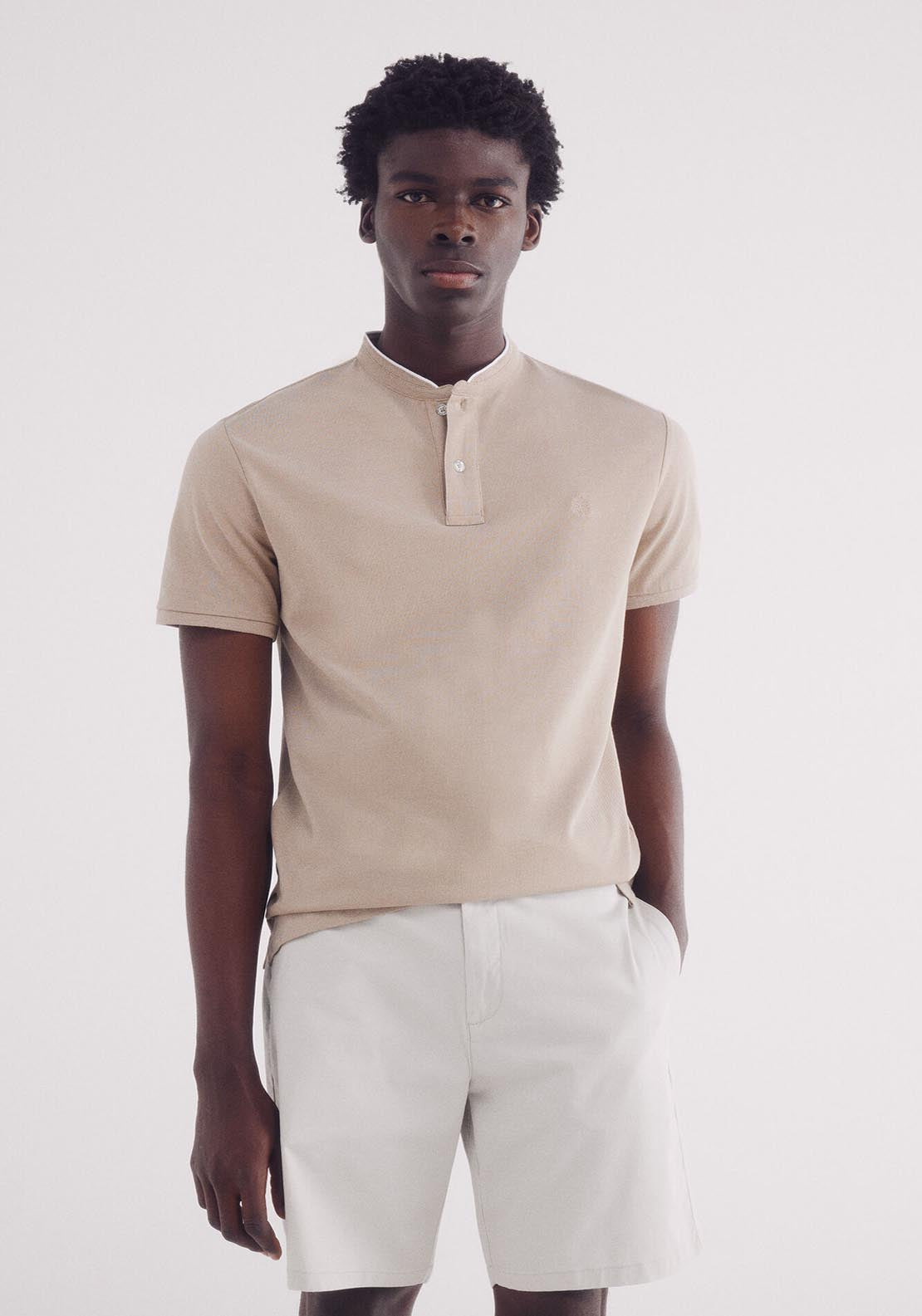 Springfield Slim Fit Mao Oxford Piqué Polo Shirt - Beige 1 Shaws Department Stores