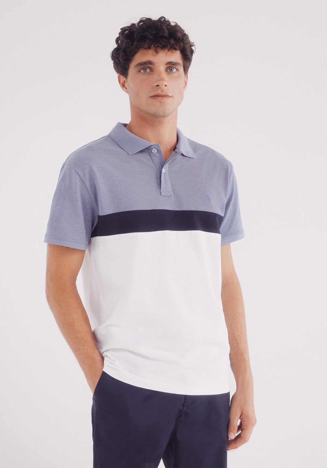 Springfield Slim Fit Color Block Piqué Polo - Blue 1 Shaws Department Stores