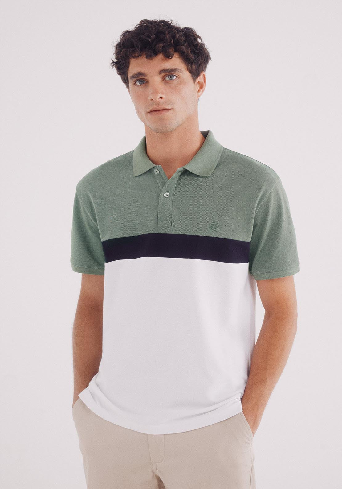 Springfield Slim Fit Color Block Piqué Polo - Green 1 Shaws Department Stores