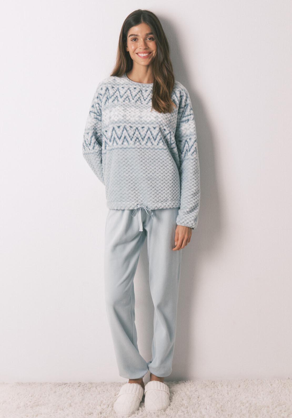 Long Green Fleece Border Print Pyjamas - White