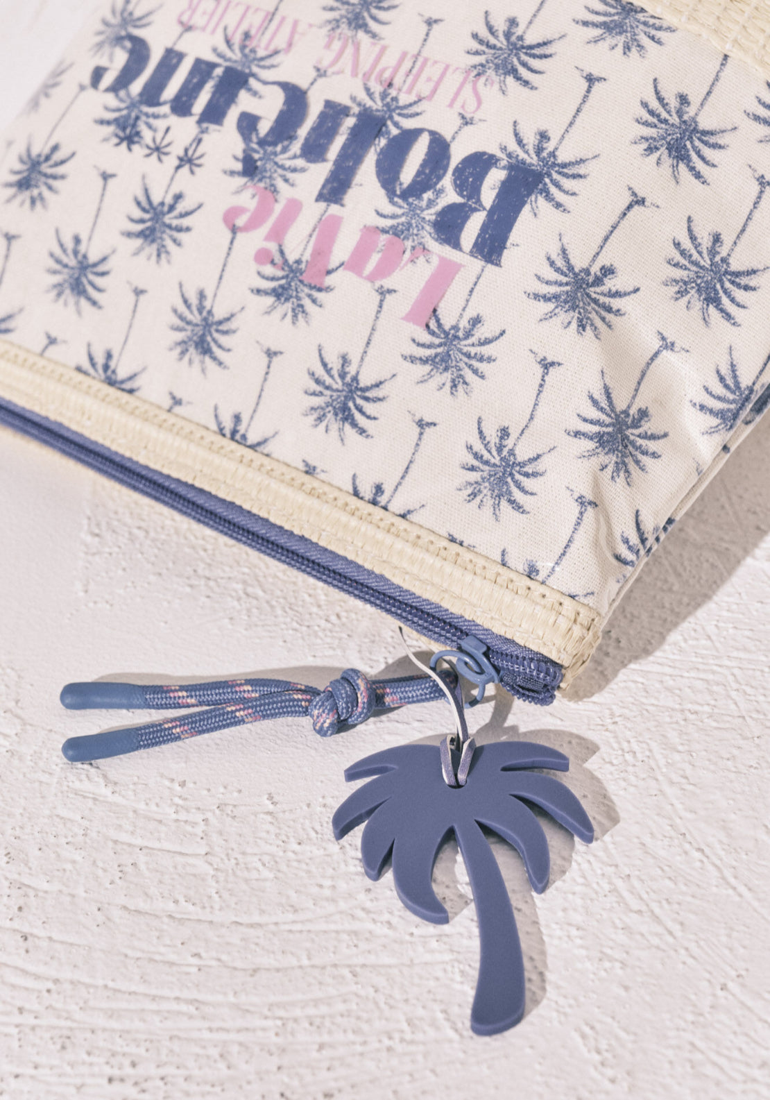 Palm Tree Raffia Medium Vanity Case - Blue