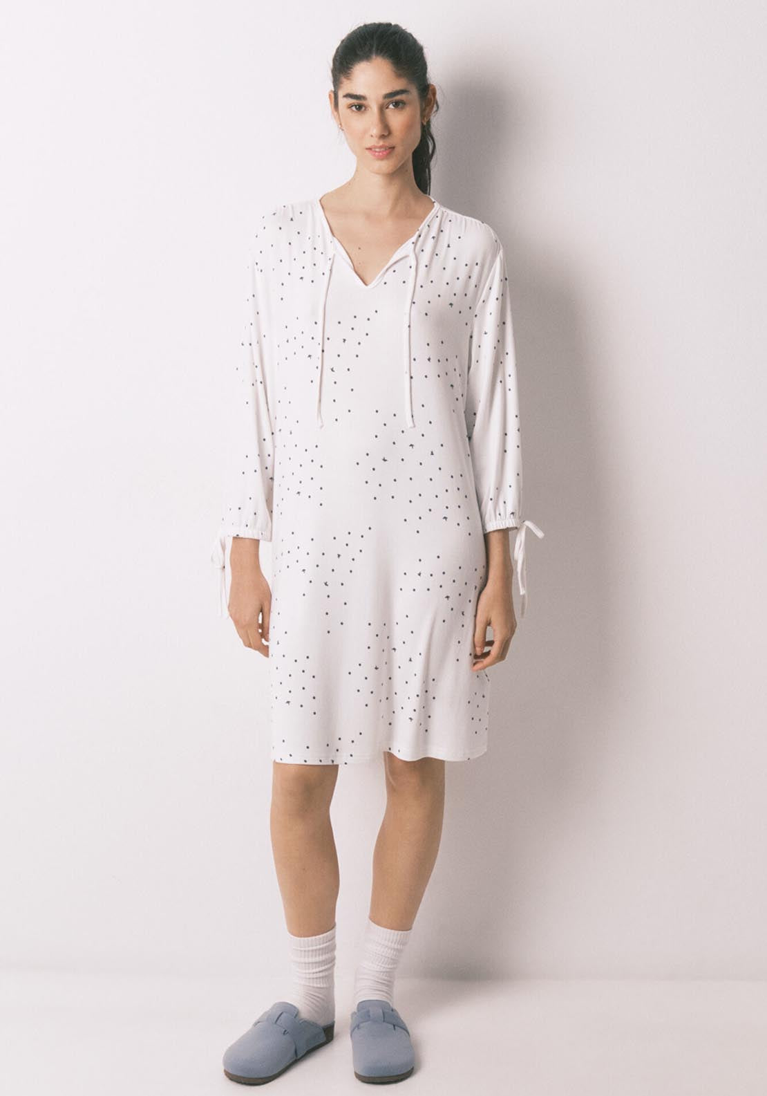 Bird Print Midi Nightgown - White