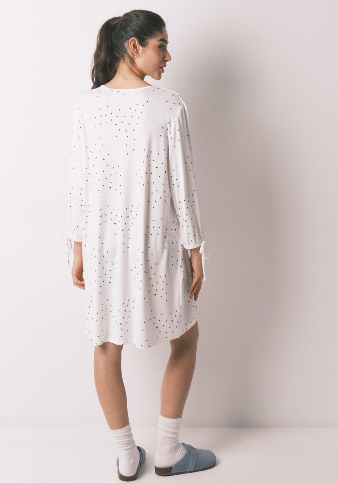 Bird Print Midi Nightgown - White