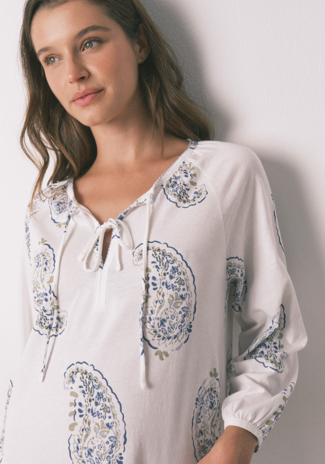 100% Cotton Midi Paisley Print Nightgown - White