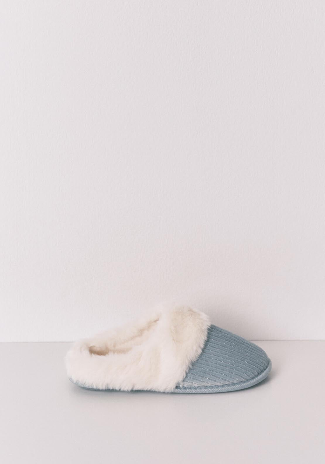 Green Lurex Fur Ribbed Slippers - Green