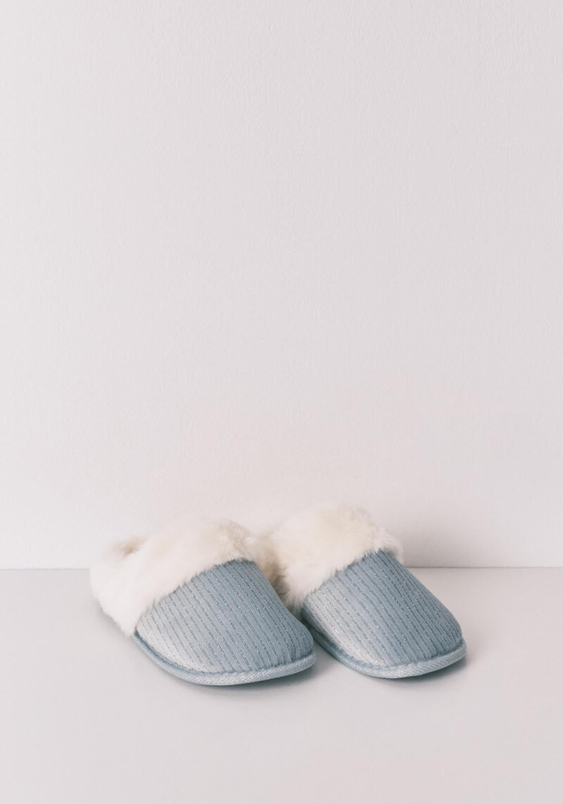 Green Lurex Fur Ribbed Slippers - Green