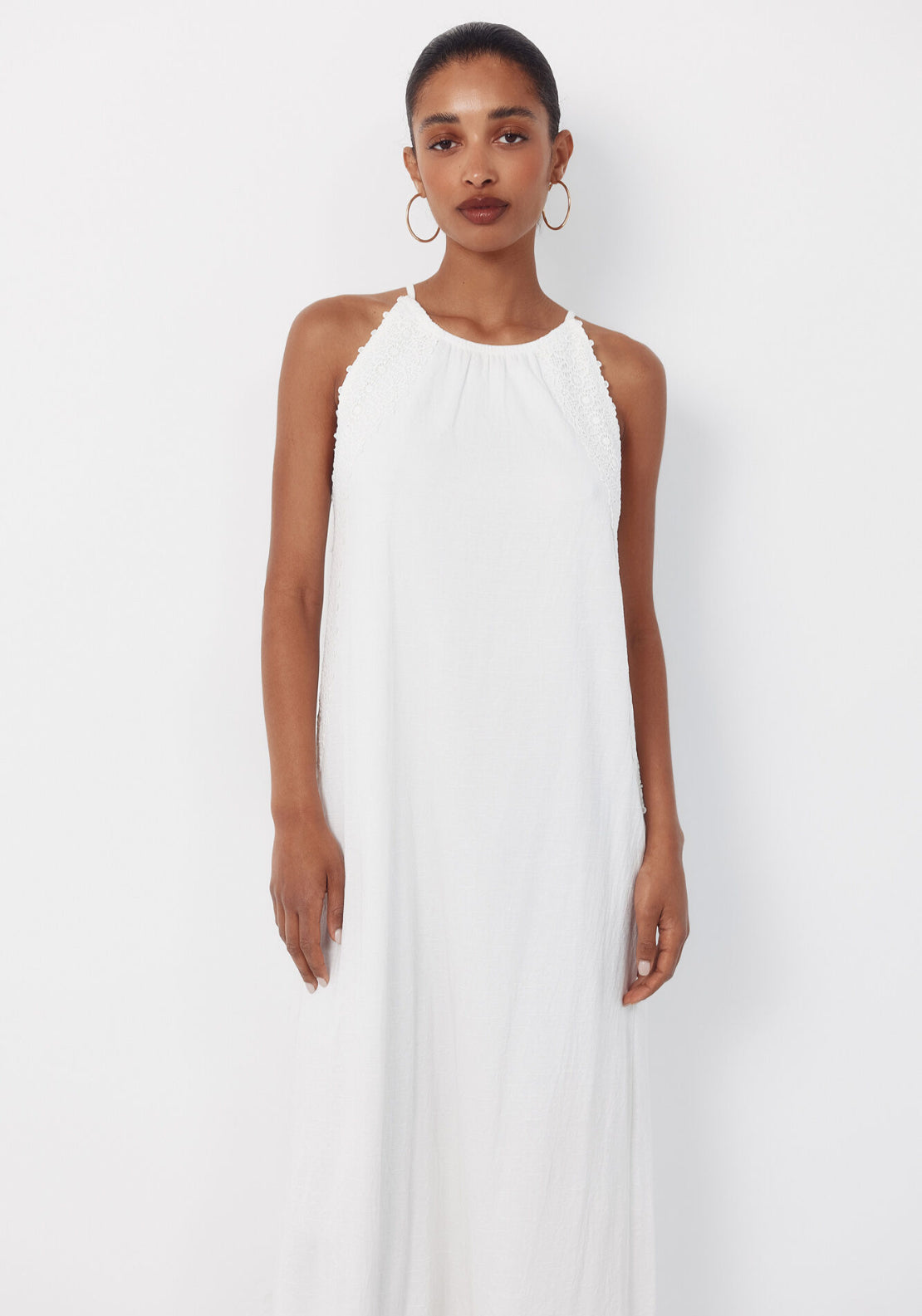 Cortefiel Halterneck Cotton Dress With Floral Crochet Ribbon - White 6 Shaws Department Stores