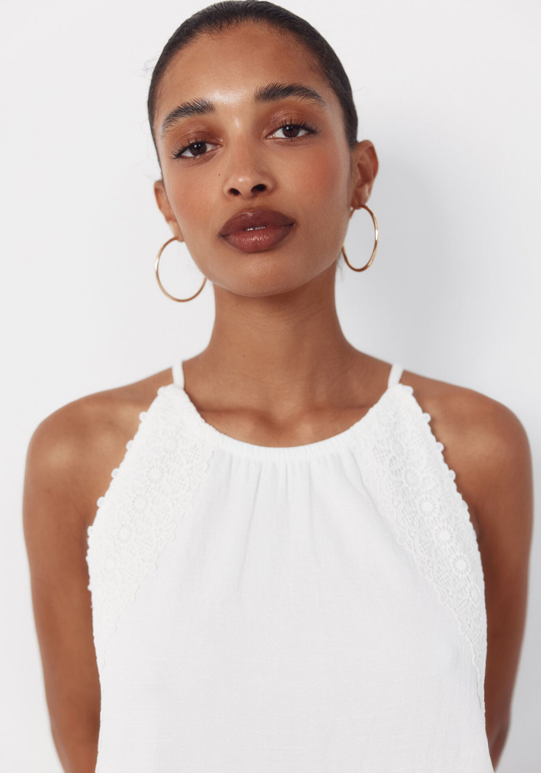 Cortefiel Halterneck Cotton Dress With Floral Crochet Ribbon - White 4 Shaws Department Stores