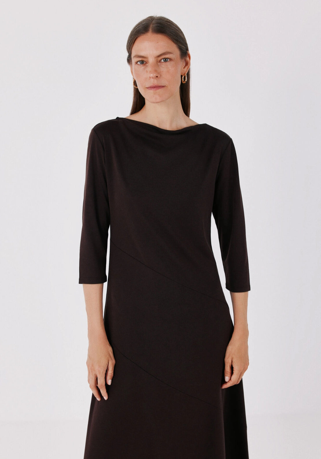 V-Shaped Jersey Knit Dress - Dark Brown