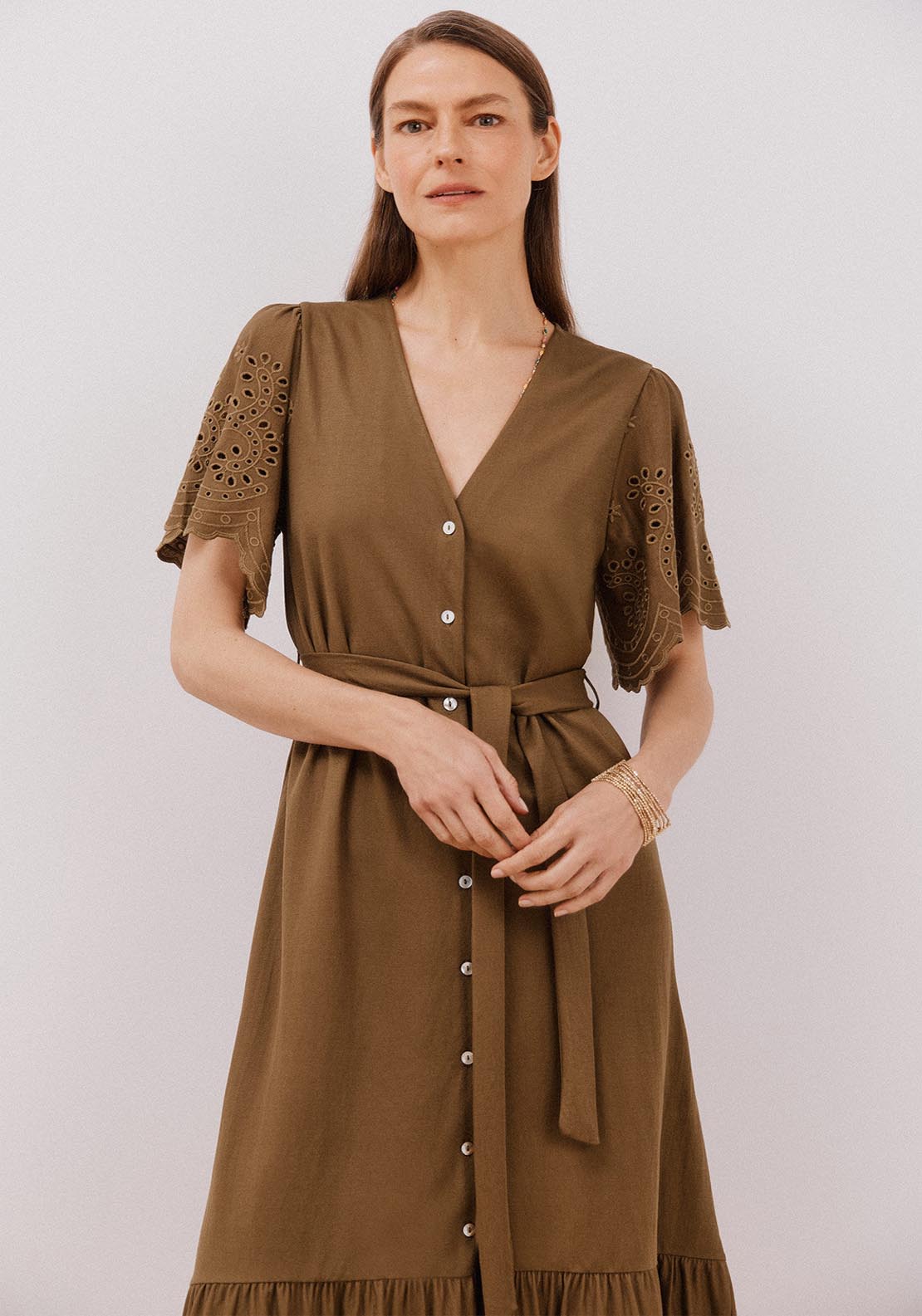 Cortefiel Embroidered Dress With Sleeves - Light Khaki 3 Shaws Department Stores