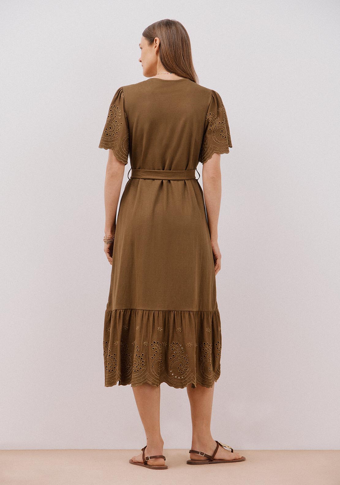 Cortefiel Embroidered Dress With Sleeves - Light Khaki 6 Shaws Department Stores