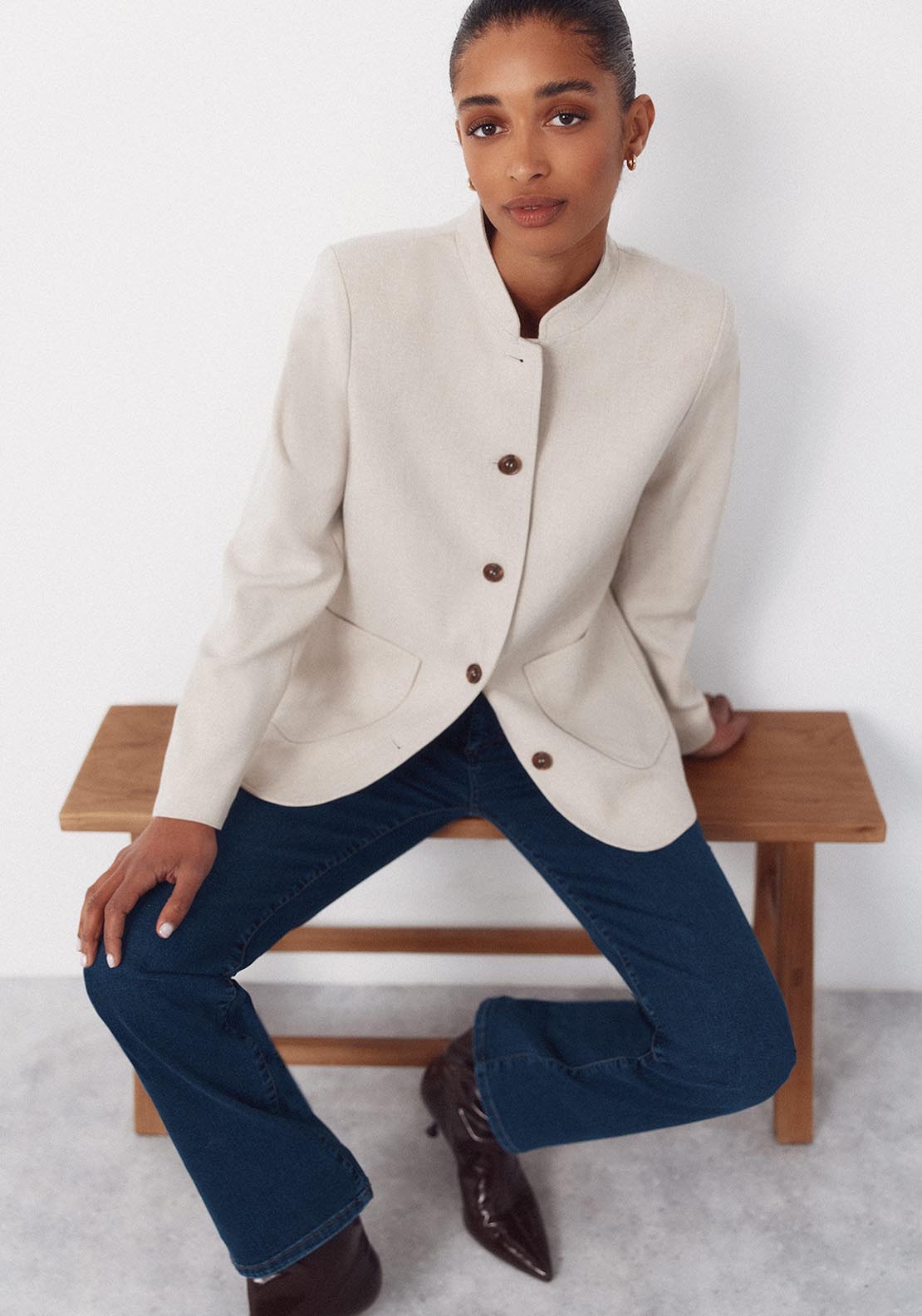Jacket With Mandarin Collar - Cream