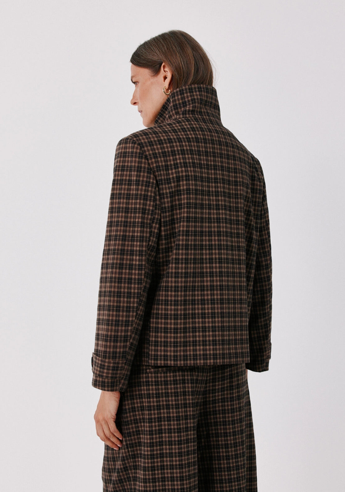 Plaid Stand Collar Jacket - Brown Print