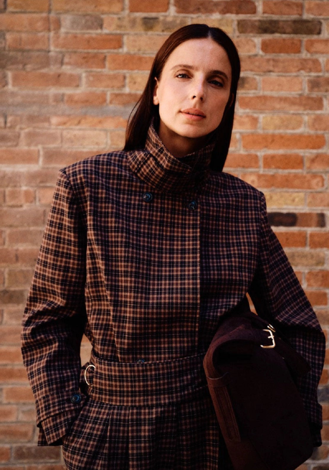 Plaid Stand Collar Jacket - Brown Print