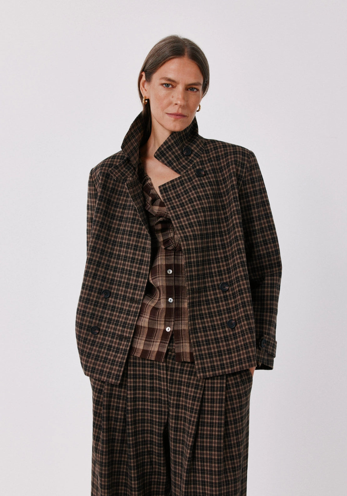 Plaid Stand Collar Jacket - Brown Print