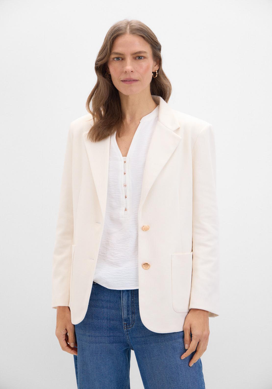 Cortefiel Piqué-Knit Blazer - Ivory 1 Shaws Department Stores