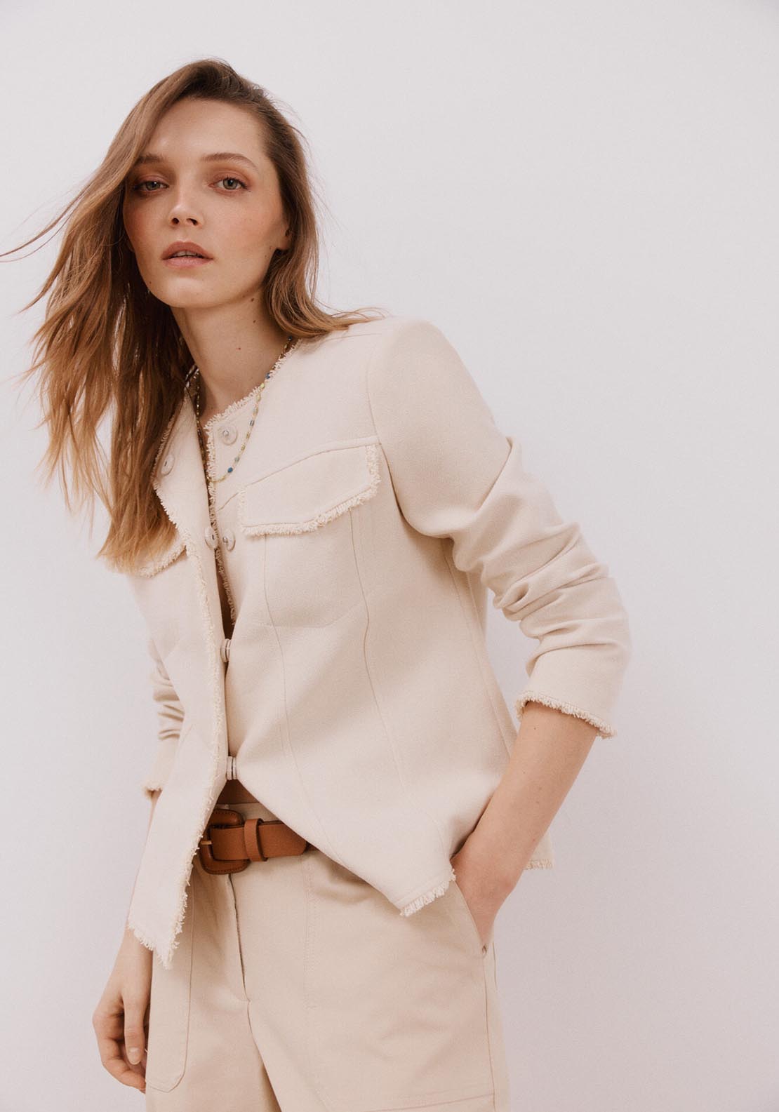 Cortefiel Fringe Jacket - Ivory 1 Shaws Department Stores