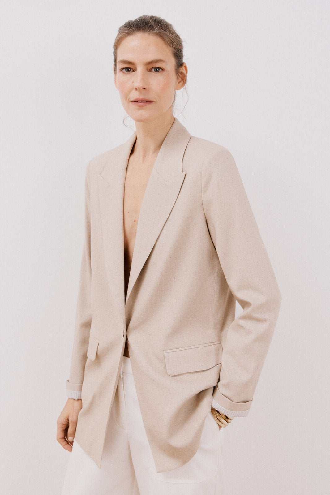 Cortefiel Long Blazer With Linen - Sand 1 Shaws Department Stores