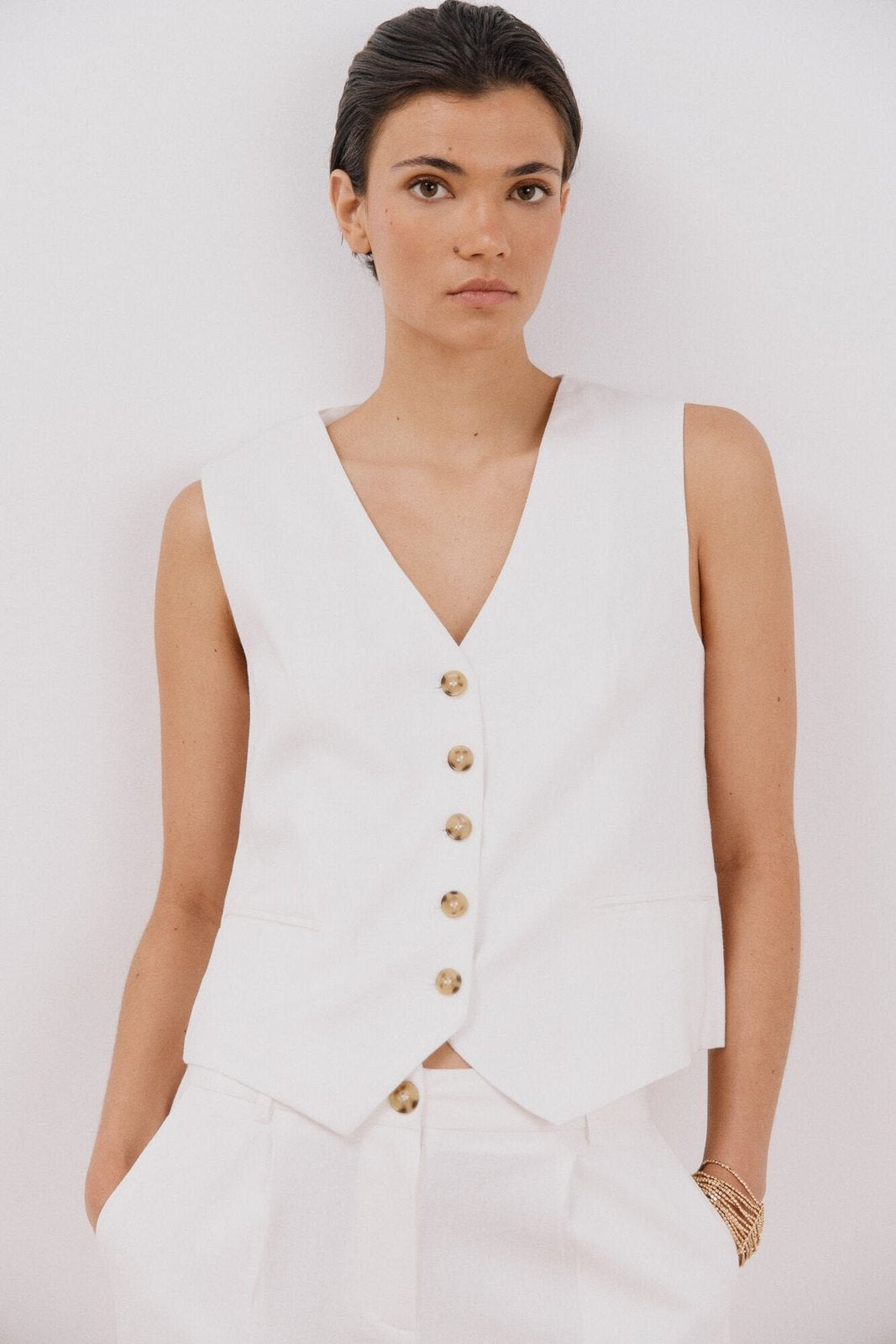 Cortefiel Open Vest With Sleeveless Sleeve - White 1 Shaws Department Stores