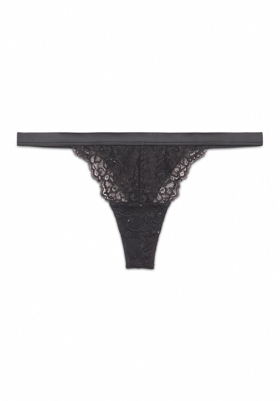 Shiny Black Lace String Thong - Black