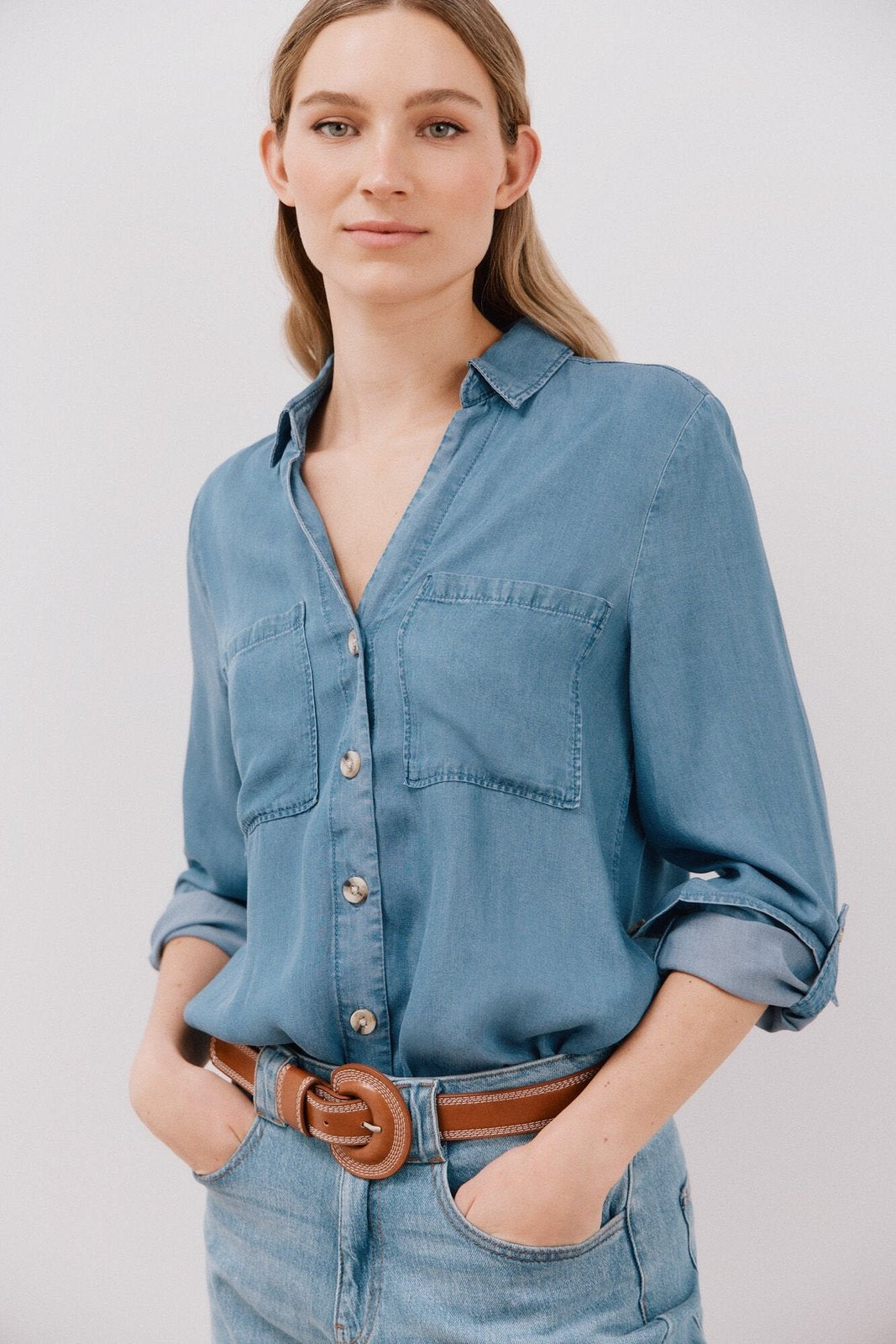 Cortefiel Tencel Denim Shirt - Medium Blue 1 Shaws Department Stores