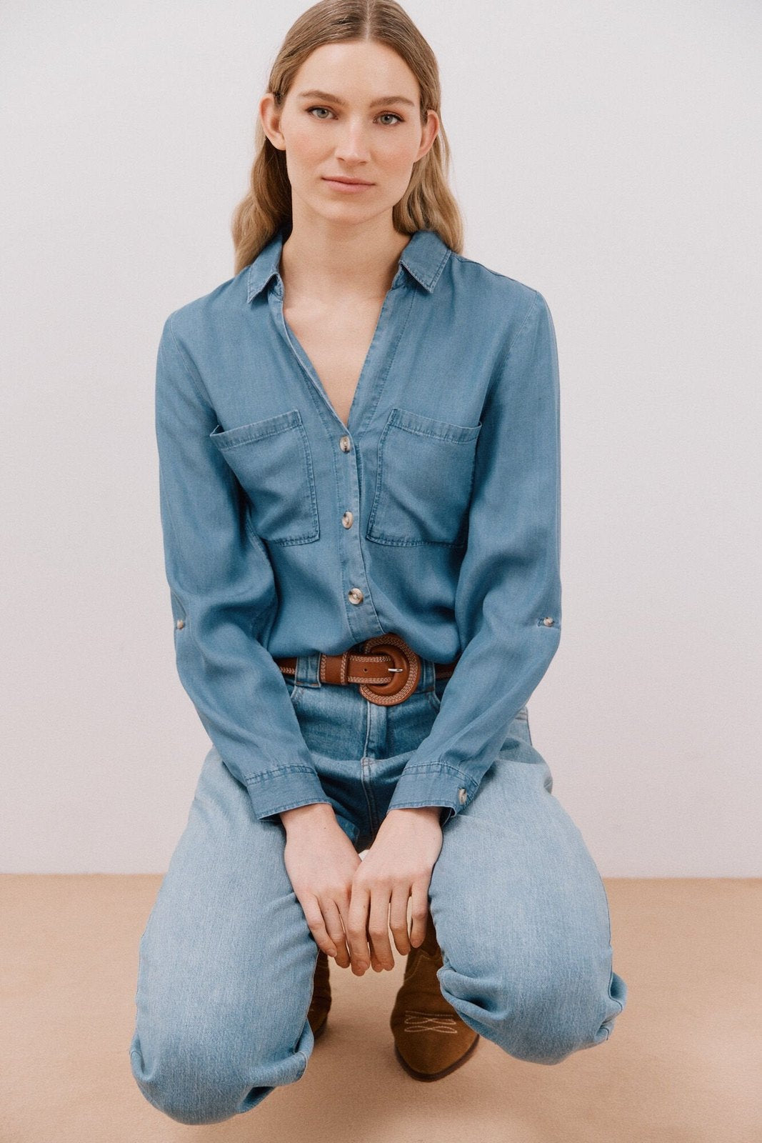 Cortefiel Tencel Denim Shirt - Medium Blue 2 Shaws Department Stores
