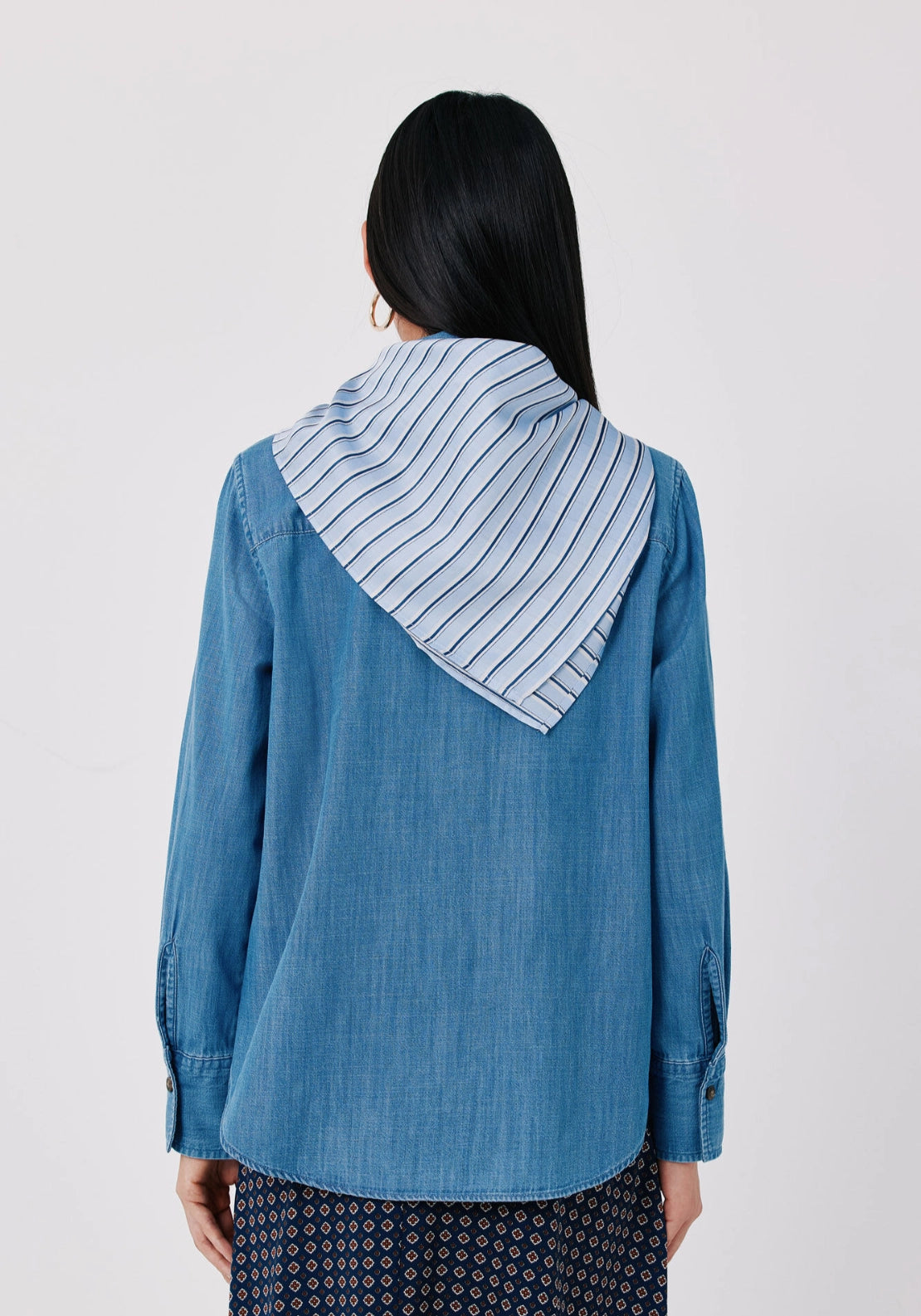Chambray Style Denim Scarf Blouse - Medium_blue