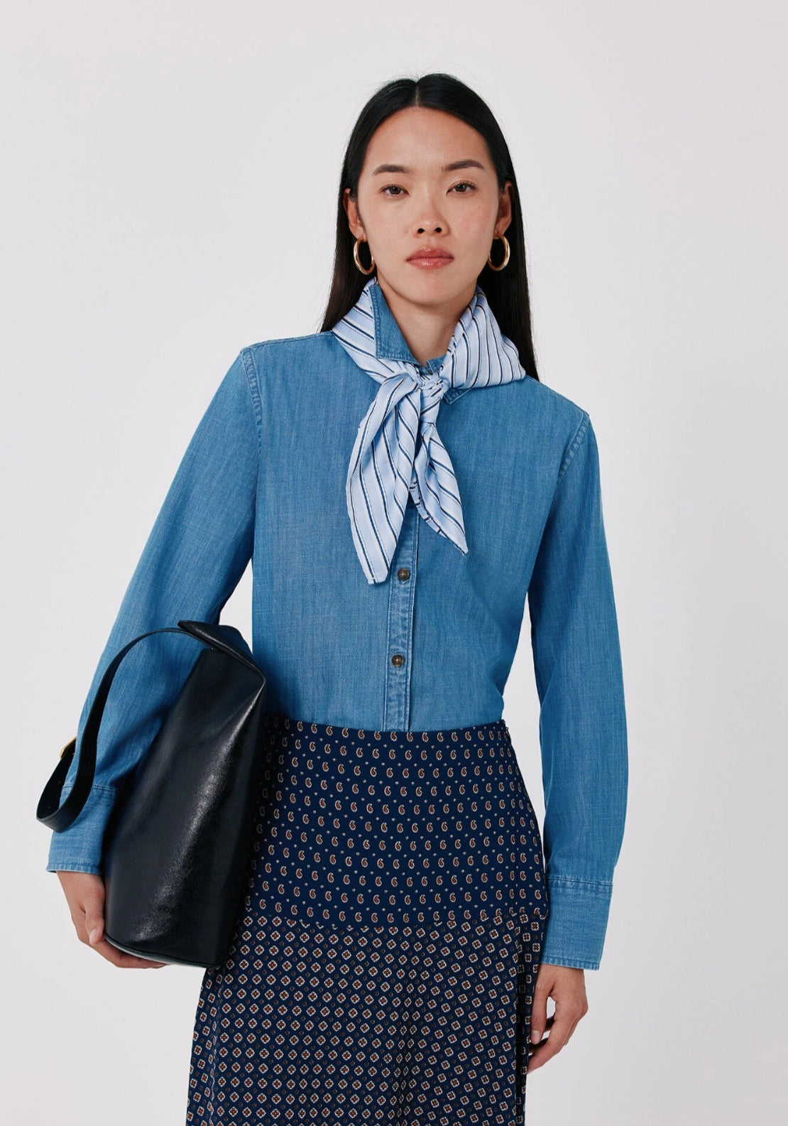 Chambray Style Denim Scarf Blouse - Medium_blue