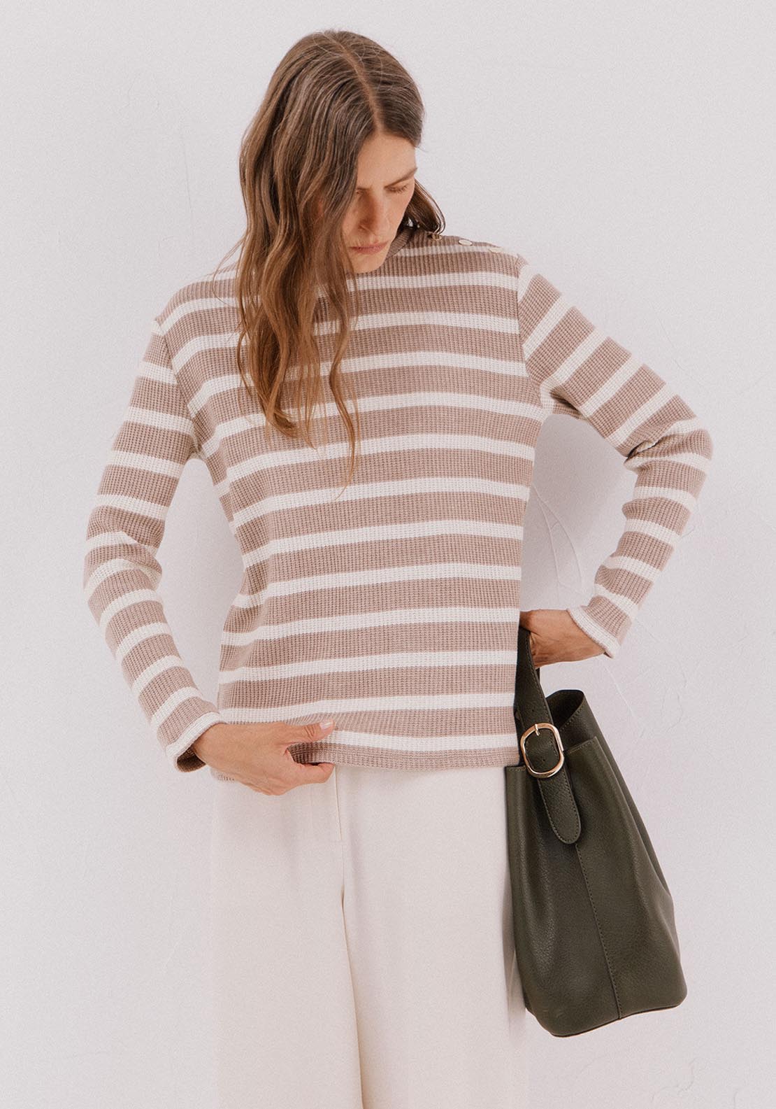 Striped Structured Sweatshirt - Beige