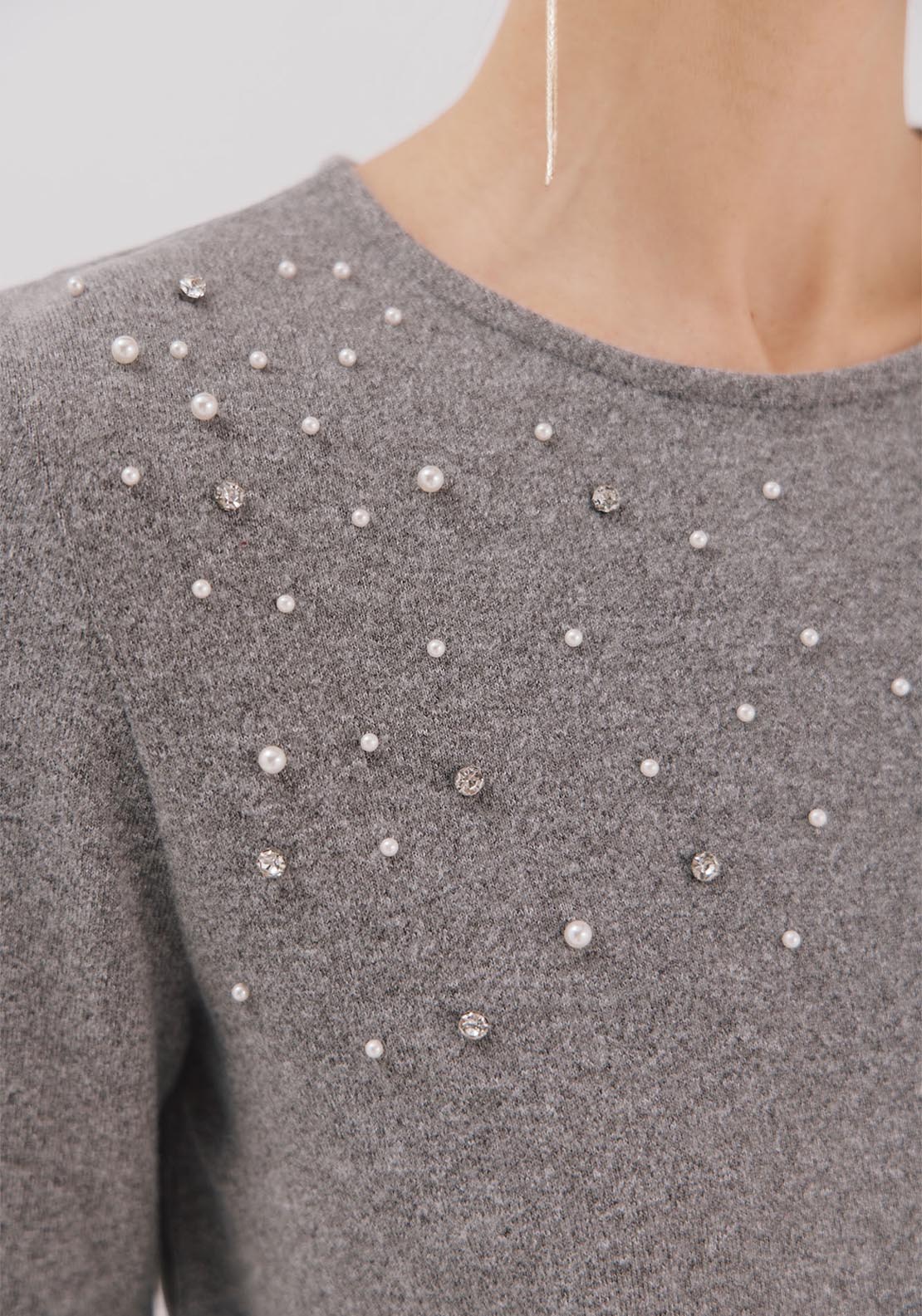 T-Shirt With Pearl & Rhinestone Details - Grey