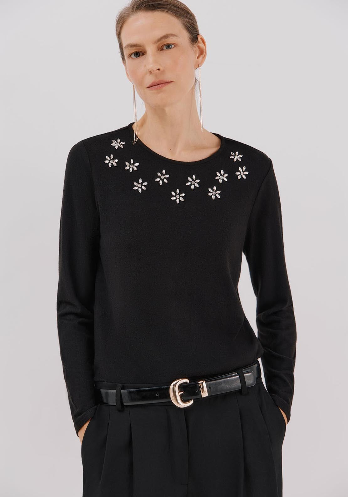 Rhinestone Detail T-Shirt - Black