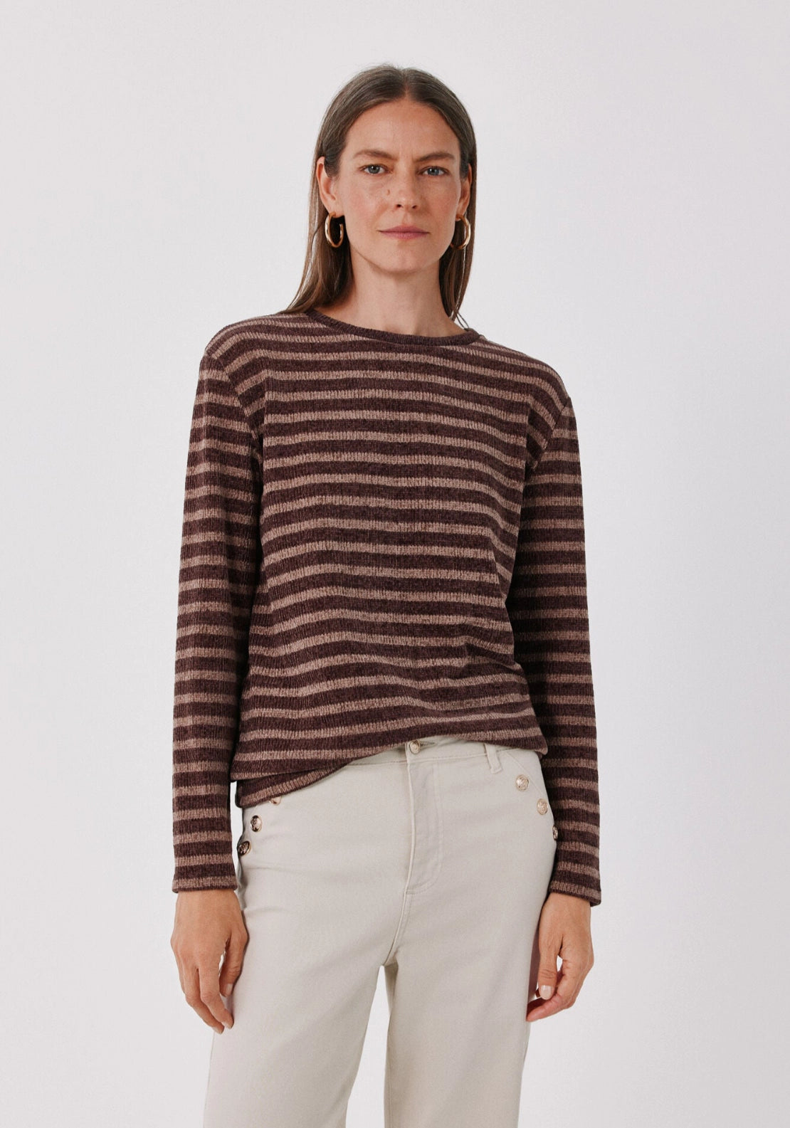 Soft Chenille Crew Neck Top - Brown Print
