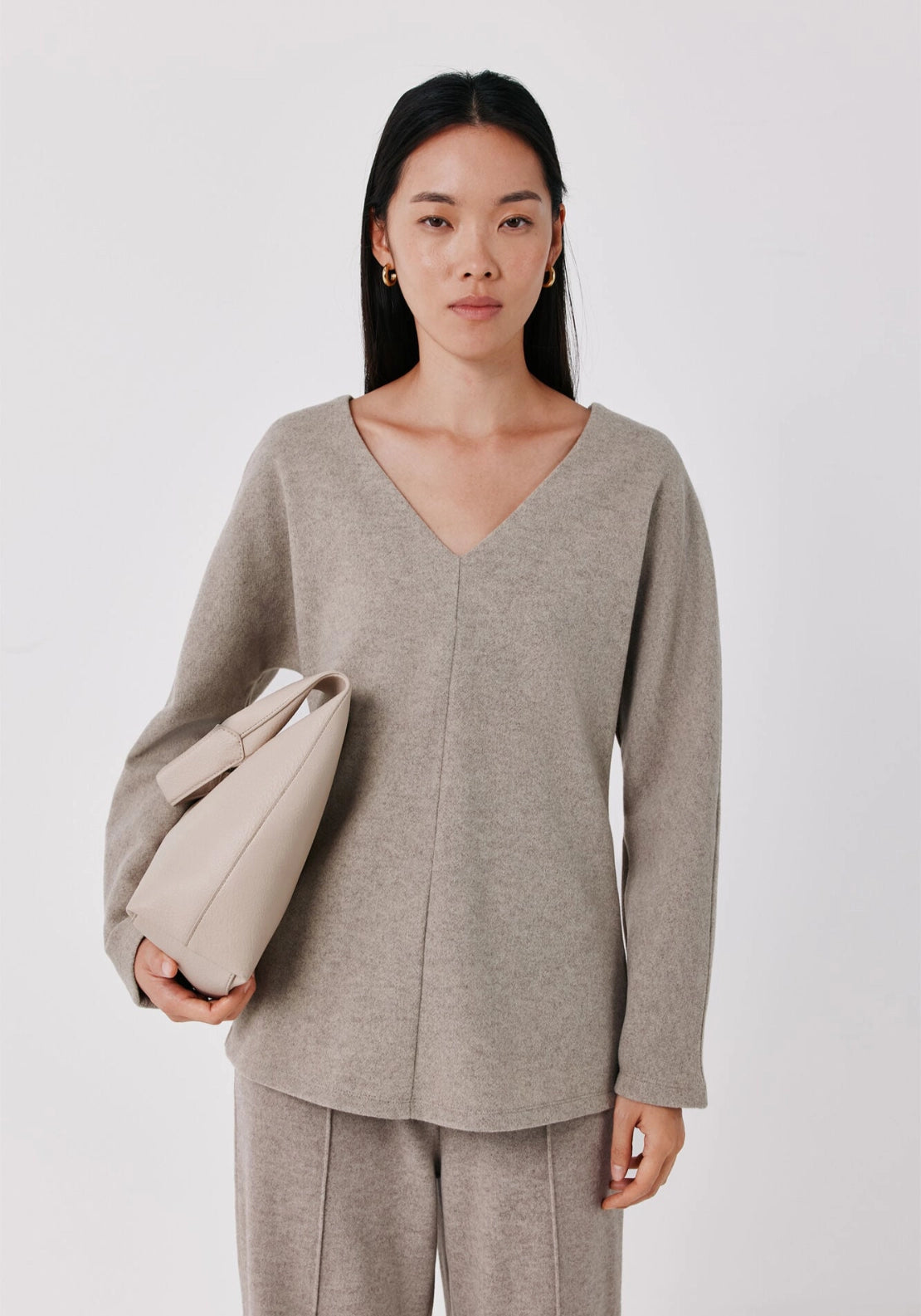 Fitted V Neck Long Sleeve Top - Beige