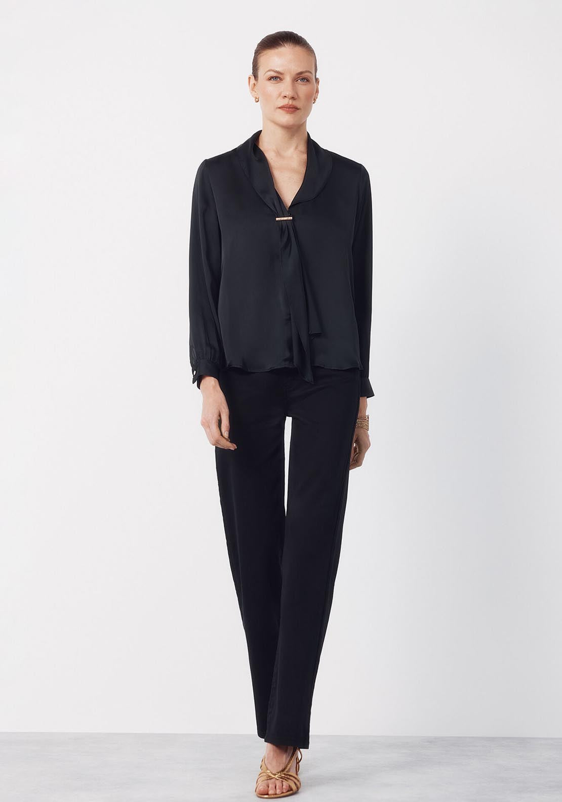 Satin Blouse With Bow - Black