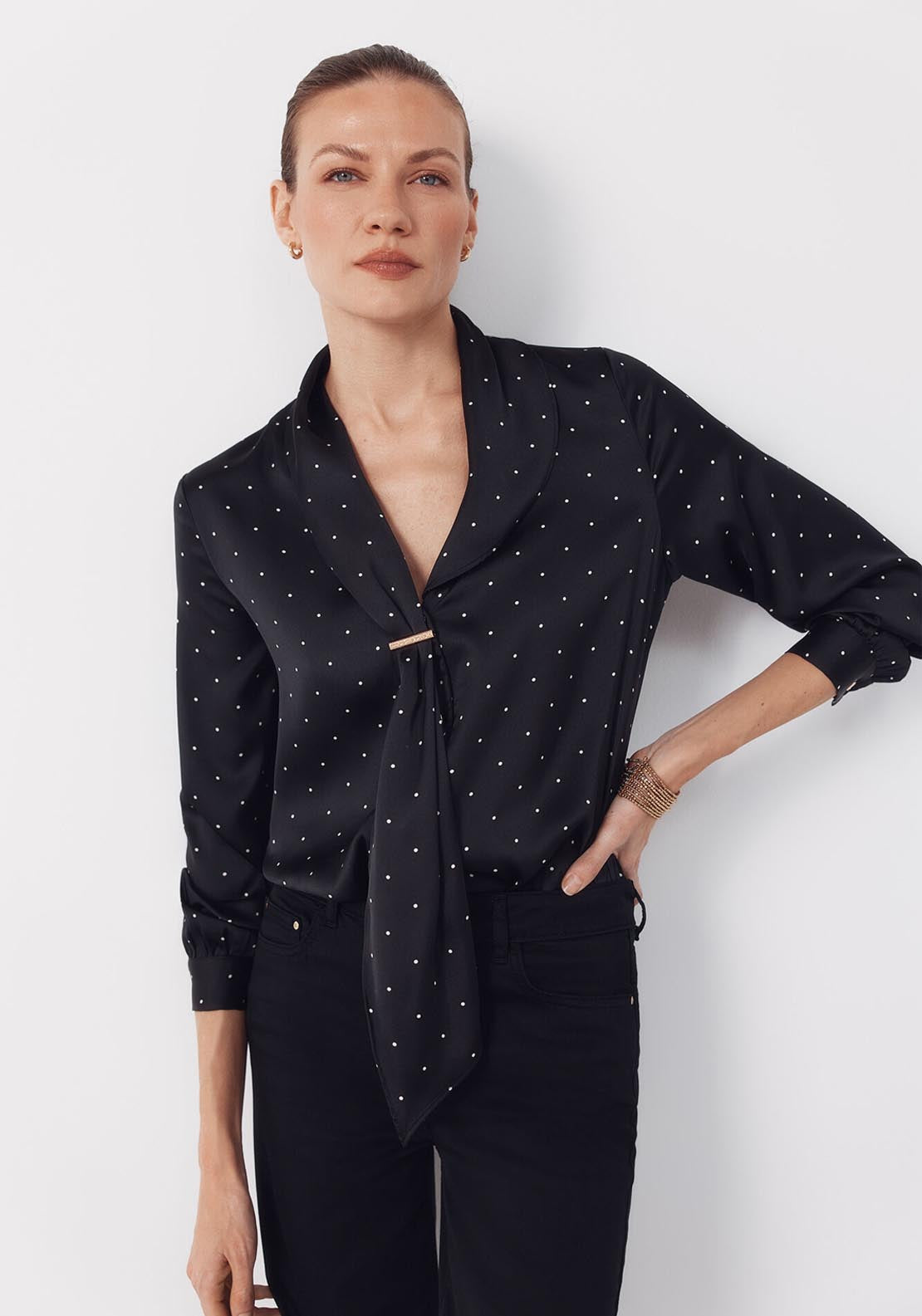 Satin Blouse With Bow - Grey