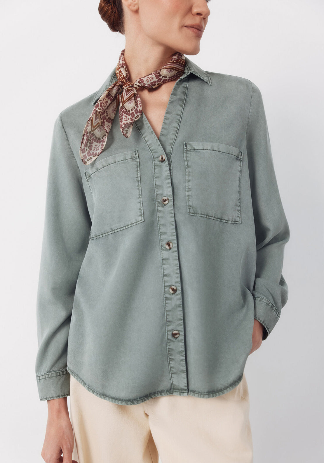 Cortefiel Tencel Denim Shirt - Green 1 Shaws Department Stores
