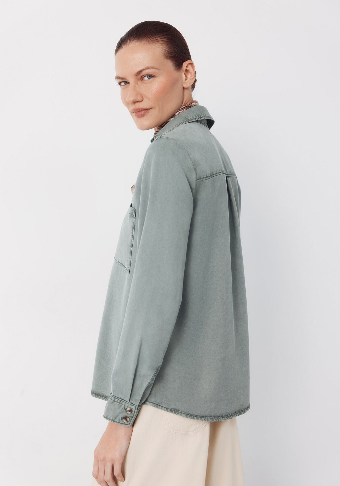 Cortefiel Tencel Denim Shirt - Green 2 Shaws Department Stores