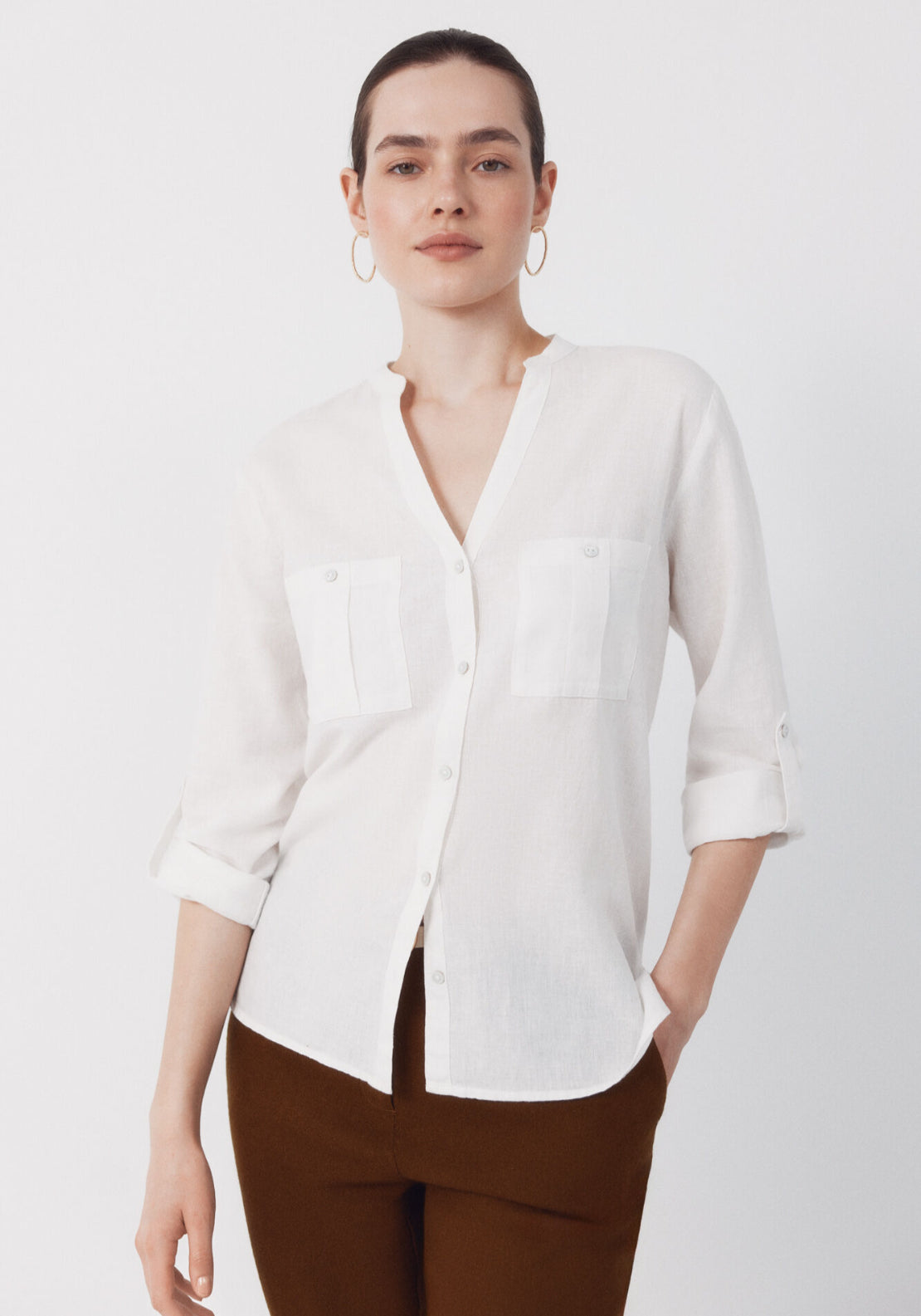 Cortefiel Linen Blend Rustic Long Sleeved Shirt - White 1 Shaws Department Stores