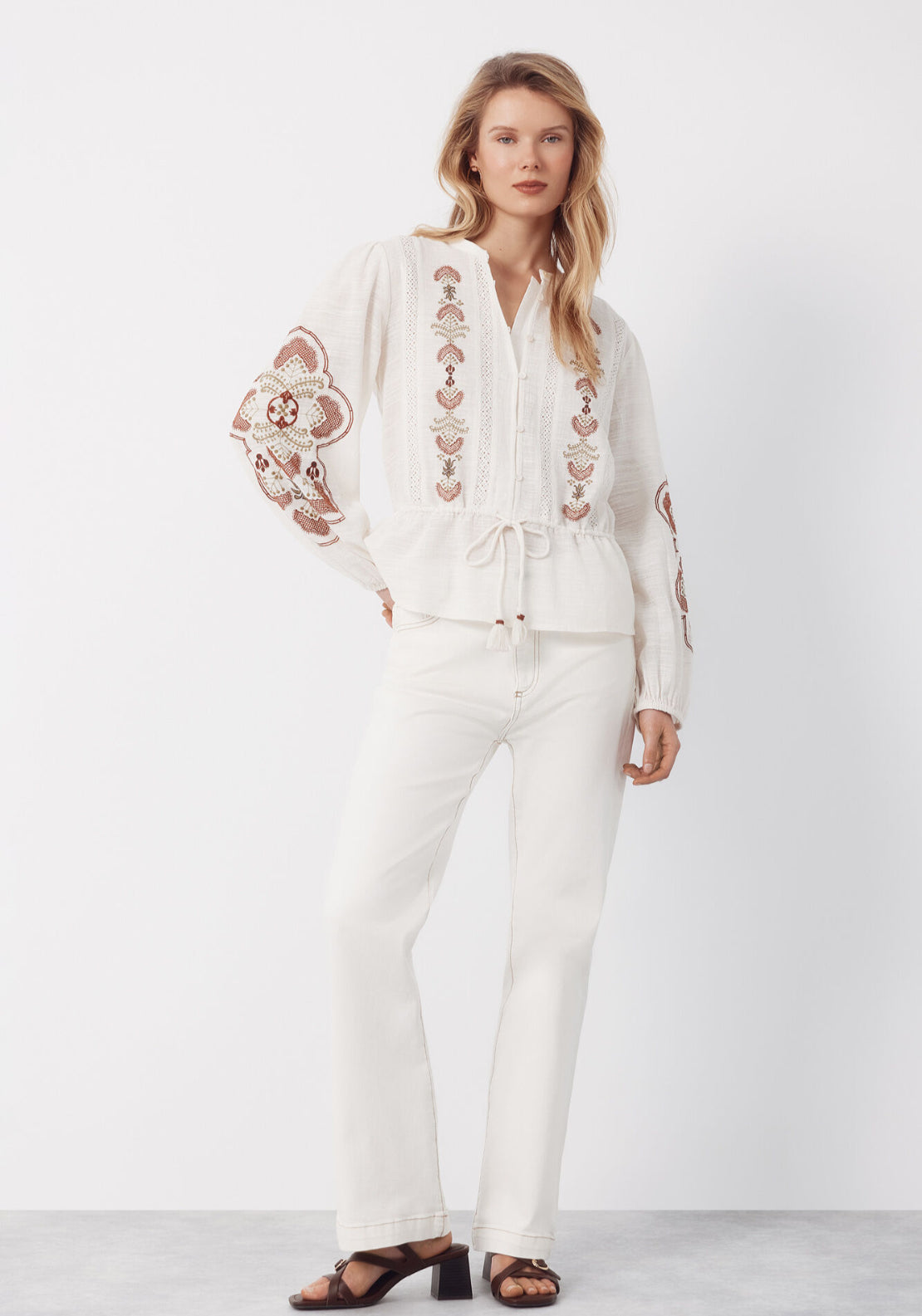Embroidered Blouse With Adjustable Waist - Ivory