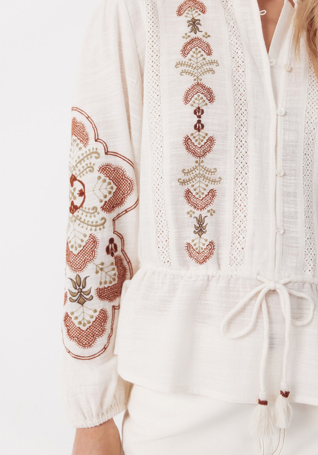Embroidered Blouse With Adjustable Waist - Ivory