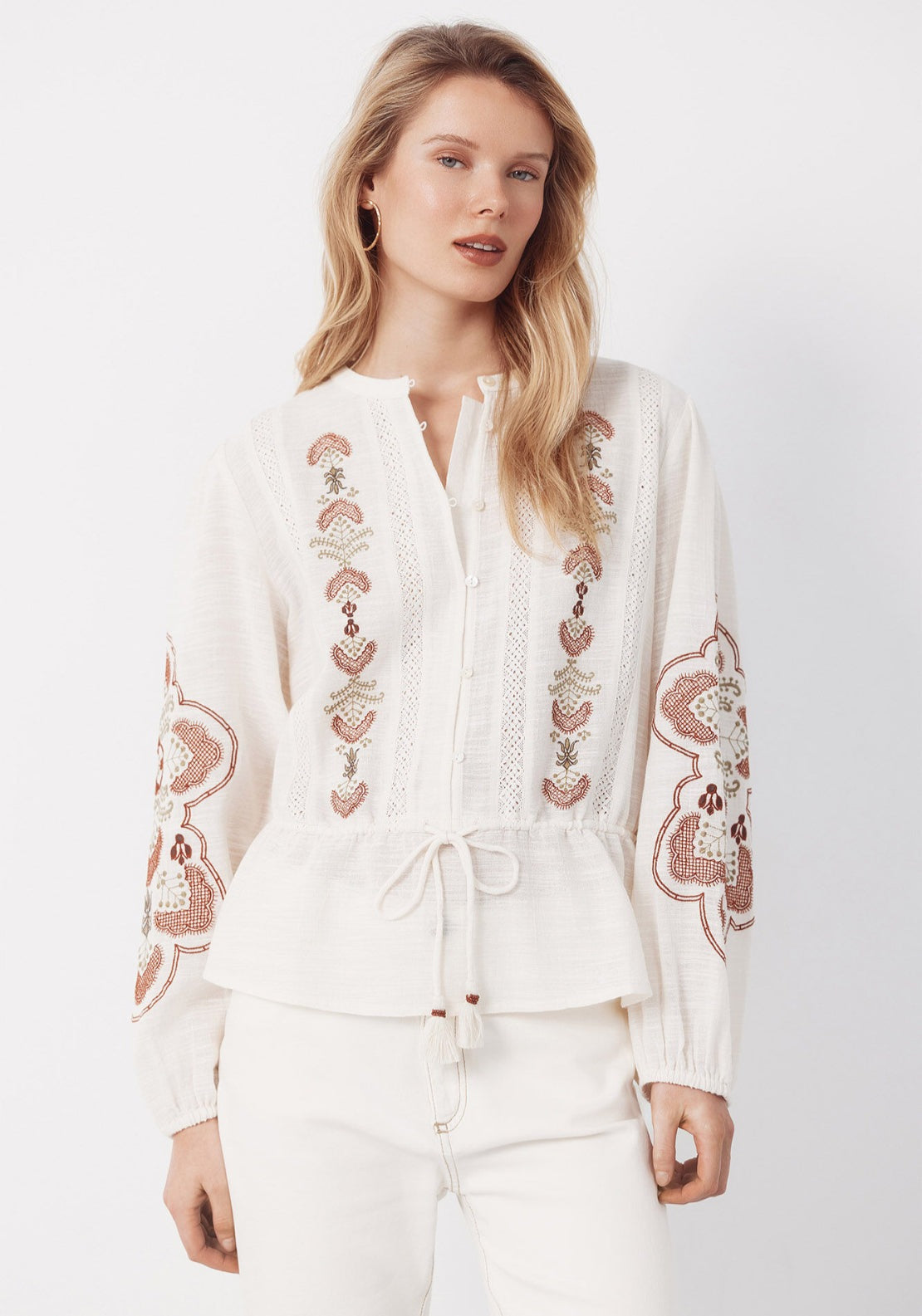 Embroidered Blouse With Adjustable Waist - Ivory