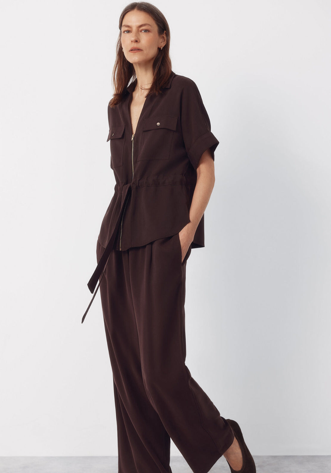 Cortefiel Cuffed Short Sleeve Belted Shirt - Light Brown 6 Shaws Department Stores