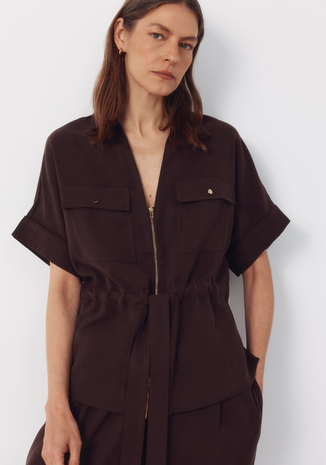Cortefiel Cuffed Short Sleeve Belted Shirt - Light Brown 1 Shaws Department Stores