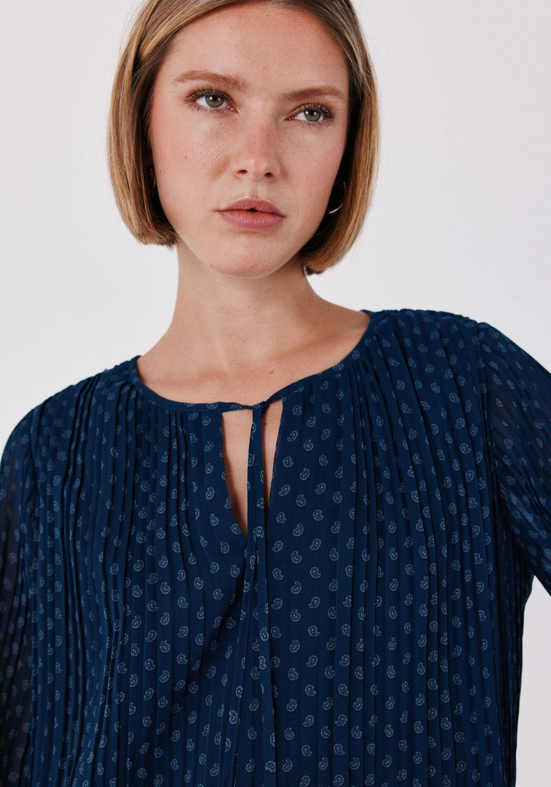 Print Pattern Loose Shirt With Tie Neck - Blue Print