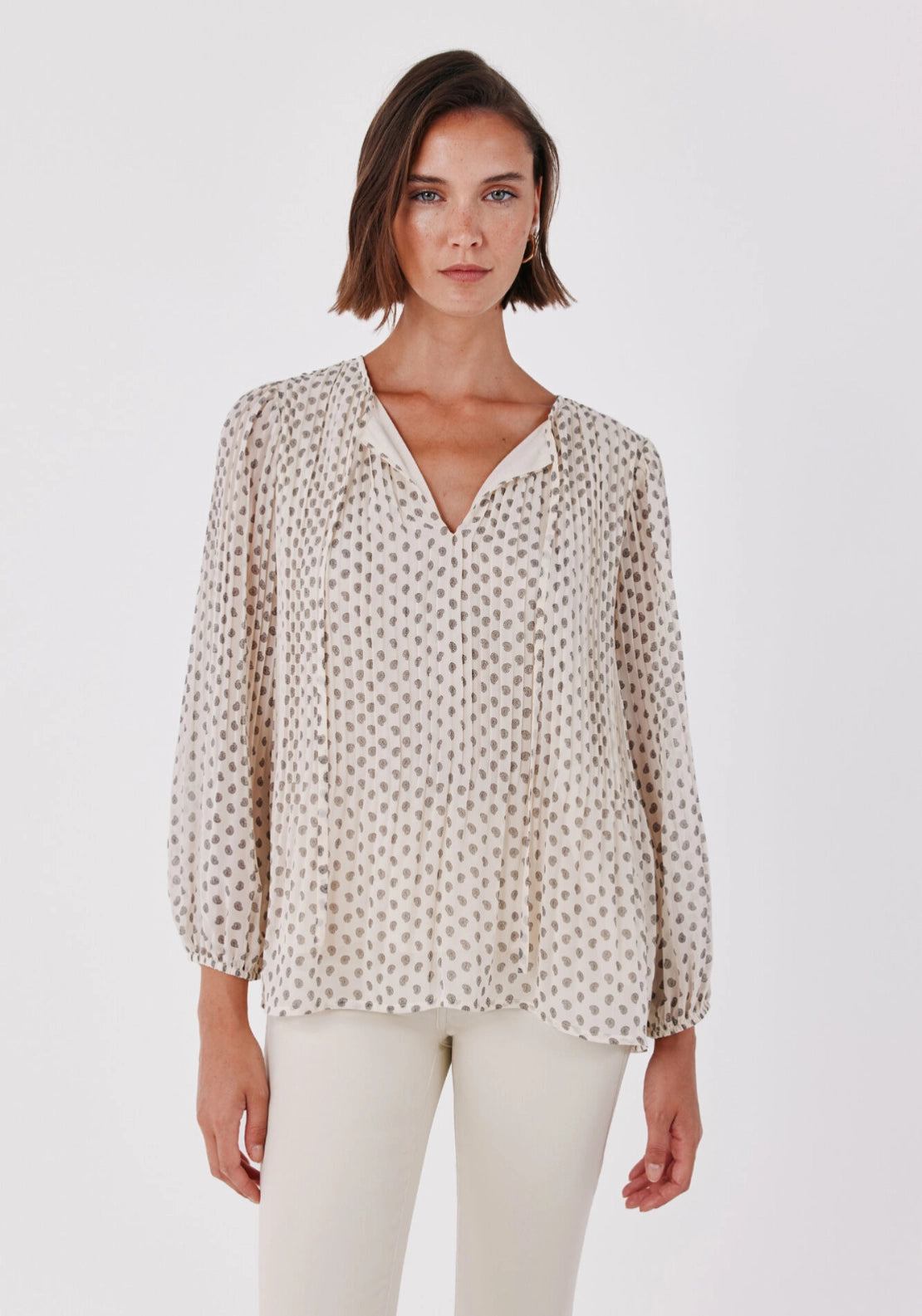Print Pattern Loose Shirt With Tie Neck - White Print