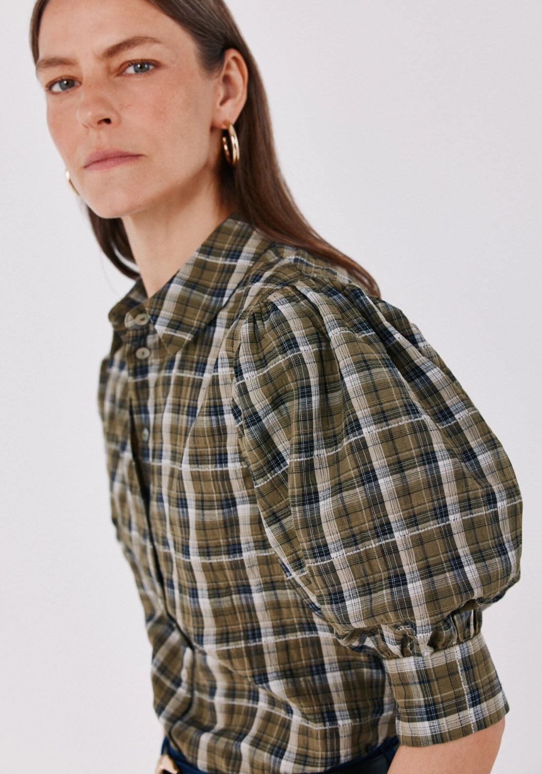Checked Puff Sleeve Shirt - Green Print