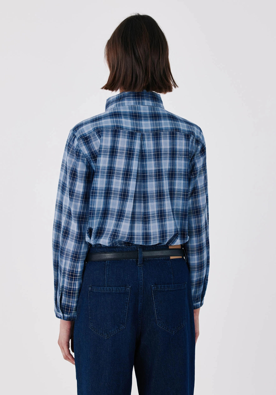 Plaid Tie Collar Blouse - Blue Print